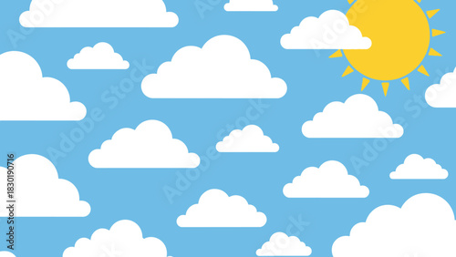 Cartoon Sky Landscape with Fluffy White Clouds and a Radiant Yellow Sun Illustration