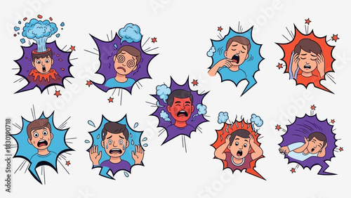 Cartoon illustration depicting diverse expressions of negative feelings in stylized speech bubbles