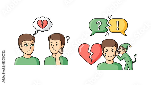 Cartoon Illustration Depicting Relationship Conflicts and Breakup Emotions with Sad Expressions