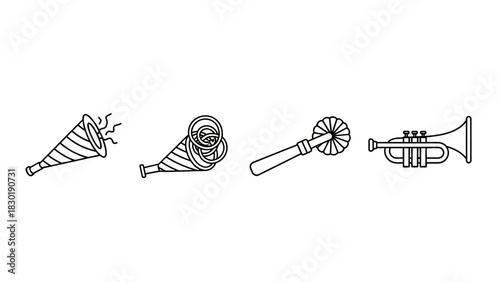 Celebration Icons: Black and white graphic of party favors and musical instruments  perfect for