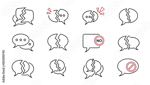 Broken communication symbols, representing disagreements, conflict, and communication breakdown in