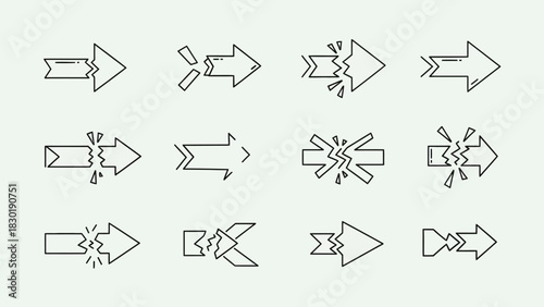 Broken arrows symbols collection representing disruption, conflict, or overcoming obstacles, design