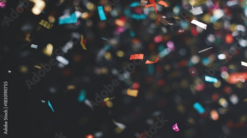 throw. Colorful confetti floating in the air against a dark background during a celebration. lifestyle magazines, social media lookbooks, designed for influencer and brand collaborations.