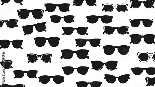 Black and white seamless pattern featuring various styles of sunglasses for trendy vibes