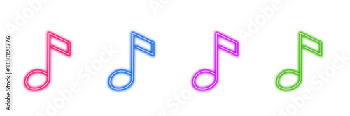 Neon glowing music notes vector icons set, melody, rhythm, sound, audio, creative, artistic, vibrant colorful digital design illustration on transparent background.