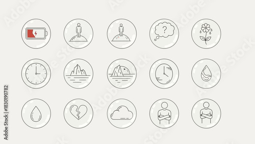 Assorted minimal line art icon set depicting diverse concepts and human emotions represented in a