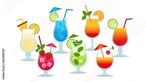 Assorted stylized tropical cocktails on a clean white background for summer vibes illustration