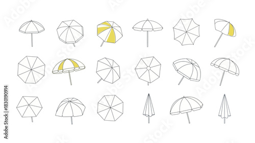 A collection of outlined umbrella illustrations with different styles and angles showcased against