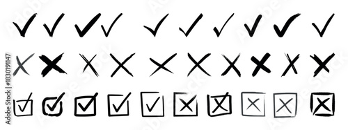 hand drawn check tick mark icon set. tick, cross signs for checkbox, checklist, v and x in sketch doodle brush marker checklist symbol wrong right circle. vector illustration