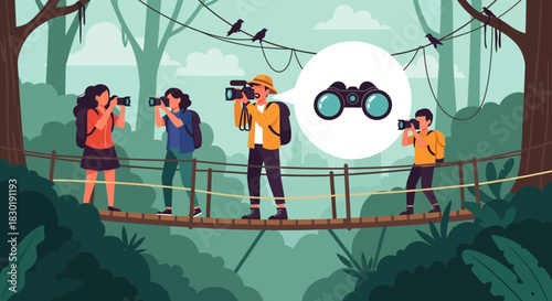 Adventurous photographers exploring tropical jungle, capturing moments and observing wildlife