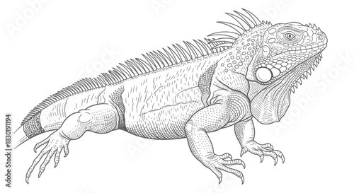 Detailed black and white illustration of an iguana lizard