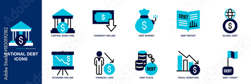National Debt Blue Colored Outline Icon Set
