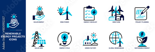 Renewable Energy Projects Blue Colored Outline Icon Set