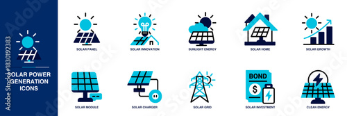 Solar Power Generation Blue Colored Outline Icon Set