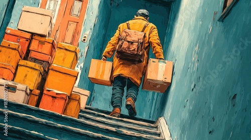 Man carrying boxes up stairs, moving house concept or delivery service illustration