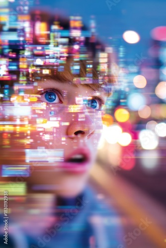 Colorful data projections mix with urban night bokeh on a young face in motion