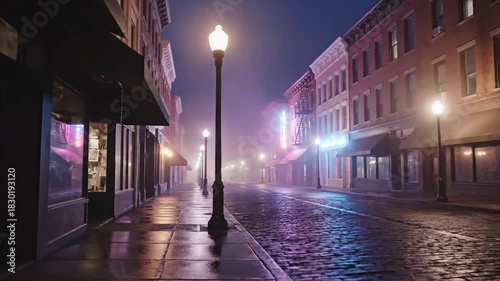 Eerie Nightscape - Empty Street Illuminated by Streetlights.