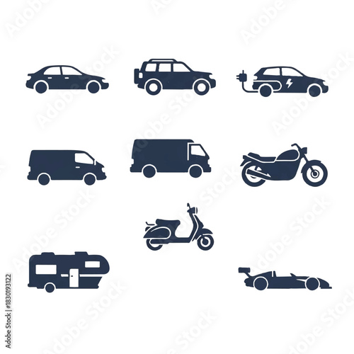 Collection of Various Vehicle Icons Car SUV Electric Car Van Motorcycle Scooter RV and Race Car.