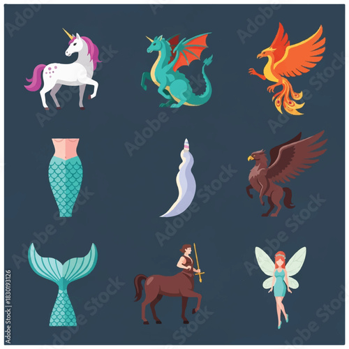 Collection of Mythical Creatures Unicorn Dragon Phoenix Mermaid Eagle Centaur and Fairy.