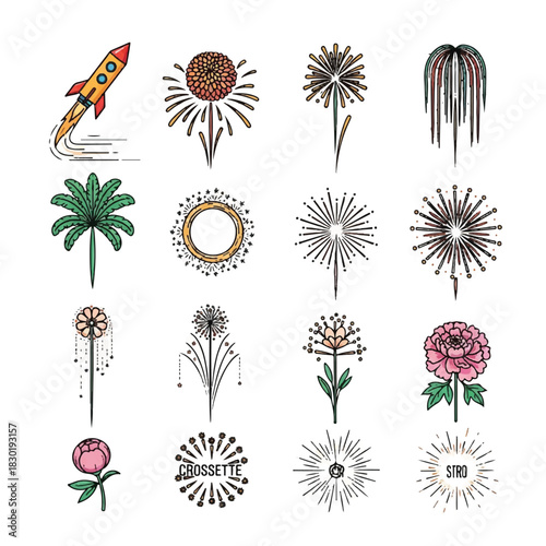 Colorful Fireworks and Rocket Illustrations for Celebrations and Design.