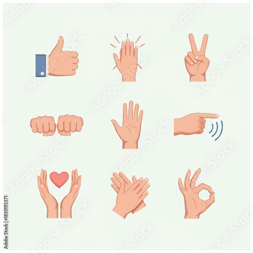 Diverse Hand Gestures Collection Thumbs Up High Five Peace Sign.