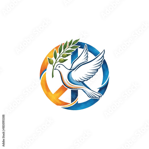Dove of Peace Symbol with Olive Branch and Peace Sign.