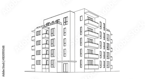 Architectural blueprint of a modern apartment building with balconies line drawing