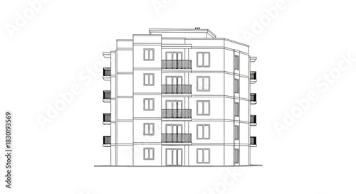 Architectural line drawing of a modern apartment building, perfect for design visualization projects