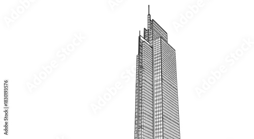 Striking architectural sketch of a modern skyscraper against a crisp white backdrop
