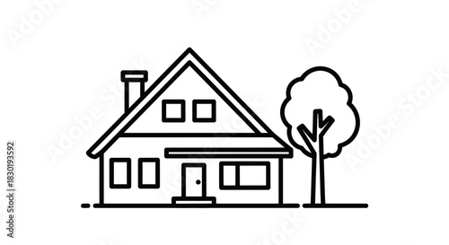 Minimalist outline illustration of a house with a tree, symbolizing home ownership and comfort