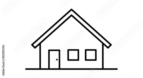 Simple line drawing of a house with a pitched roof windows and a door illustration
