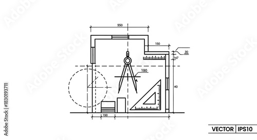 Technical drawing showcases architectural interior with compass and triangle tools used by drafters