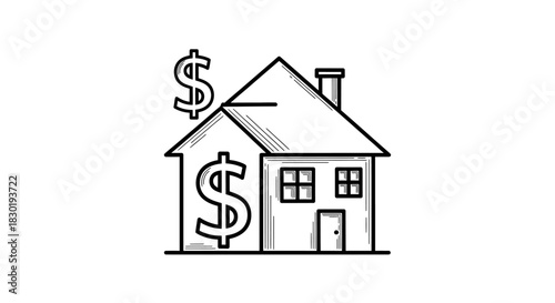 Hand drawn house icon with dollar signs representing real estate investment and property value