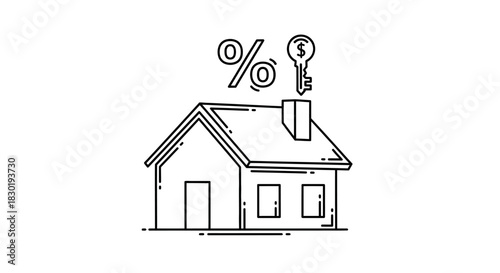 Illustrative house icon with mortgage rates and house key signifying real estate finance