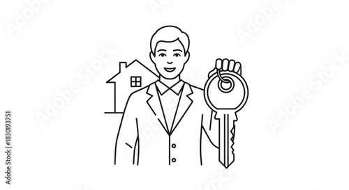 Real estate agent holding key with house in background a visual representation of homeownership