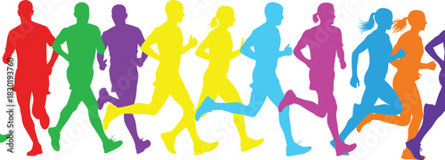 Group of colorful diverse running people silhouettes sprinting together in marathon race for fitness and healthy lifestyle sports competition vector illustration