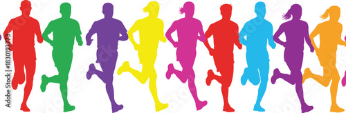 Group of Colorful Running People Silhouettes for Marathon Sport and Fitness Concept Vector Illustration