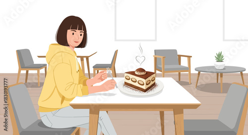 Young woman in a casual setting enjoying a delicious slice of Tiramisu