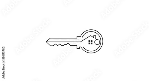 A minimalist line drawing of a key incorporating a house symbol for real estate concept