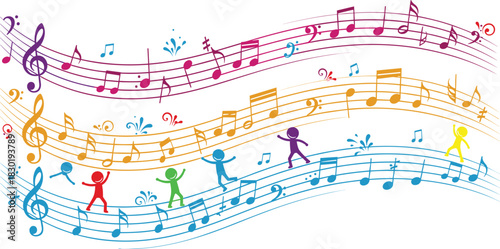 Colorful Wavy Musical Staff with Notes and Dancing Figures Vector Illustration for Celebration and Arts Design
