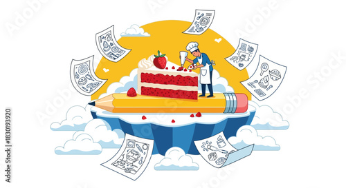 Imaginative dessert creation concept with chef drawing ideas on a pencil land