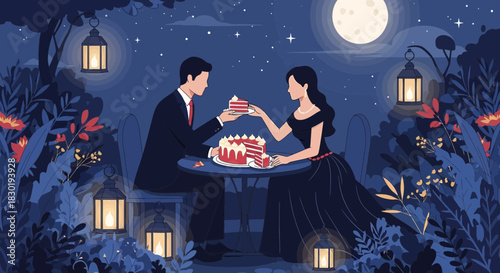 Romantic evening celebration under the moonlight sharing cake in a garden