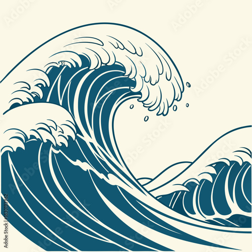 A stylized illustration of a large powerful blue wave crashing with white foam against a light cream background evoking traditional japanese art and the ocean s might