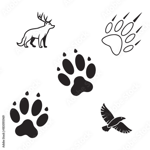 Collection of black and white silhouette icons depicting a deer with antlers a bird in flight and various animal paw prints including a bear paw with claws