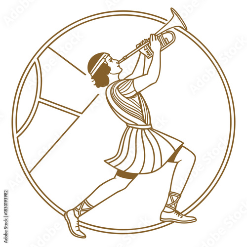 Stylized ancient greek or roman herald blowing a trumpet within a decorative circle evoking classical art and heraldry with a modern line art aesthetic
