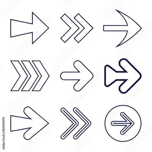 Collection of nine distinct rightward pointing arrow icons with varied styles and outlines on a clean white background representing direction and progress