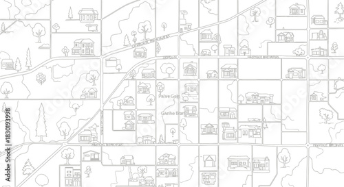 Detailed map of a suburban neighborhood, showcasing houses and streets in a minimalist style