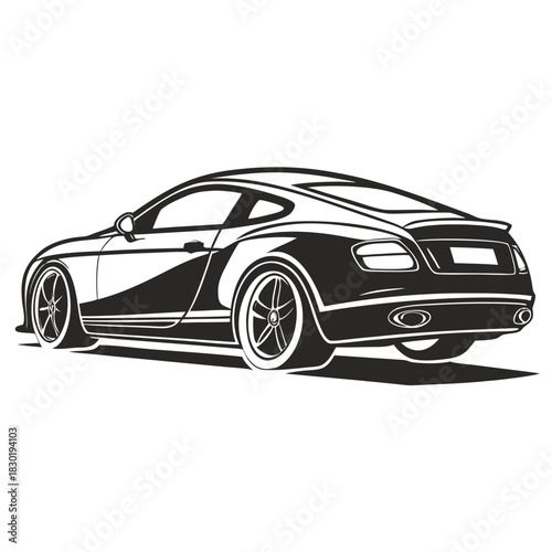Sleek black and white silhouette of a luxury sports coupe car seen from a rear three quarter angle emphasizing its aerodynamic design and powerful stance