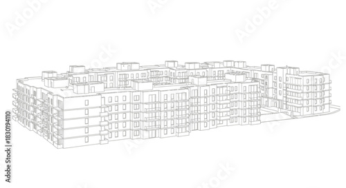 Architectural rendering showcases the design of a modern residential apartment building complex in