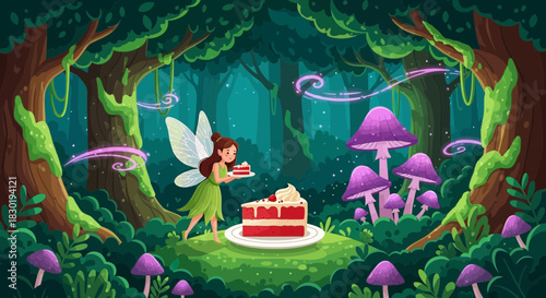 Enchanting fairy in a mystical forest with a delicious cake in a whimsical landscape